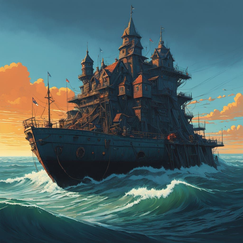 Majestic Floating Fortress in Sunset Glow