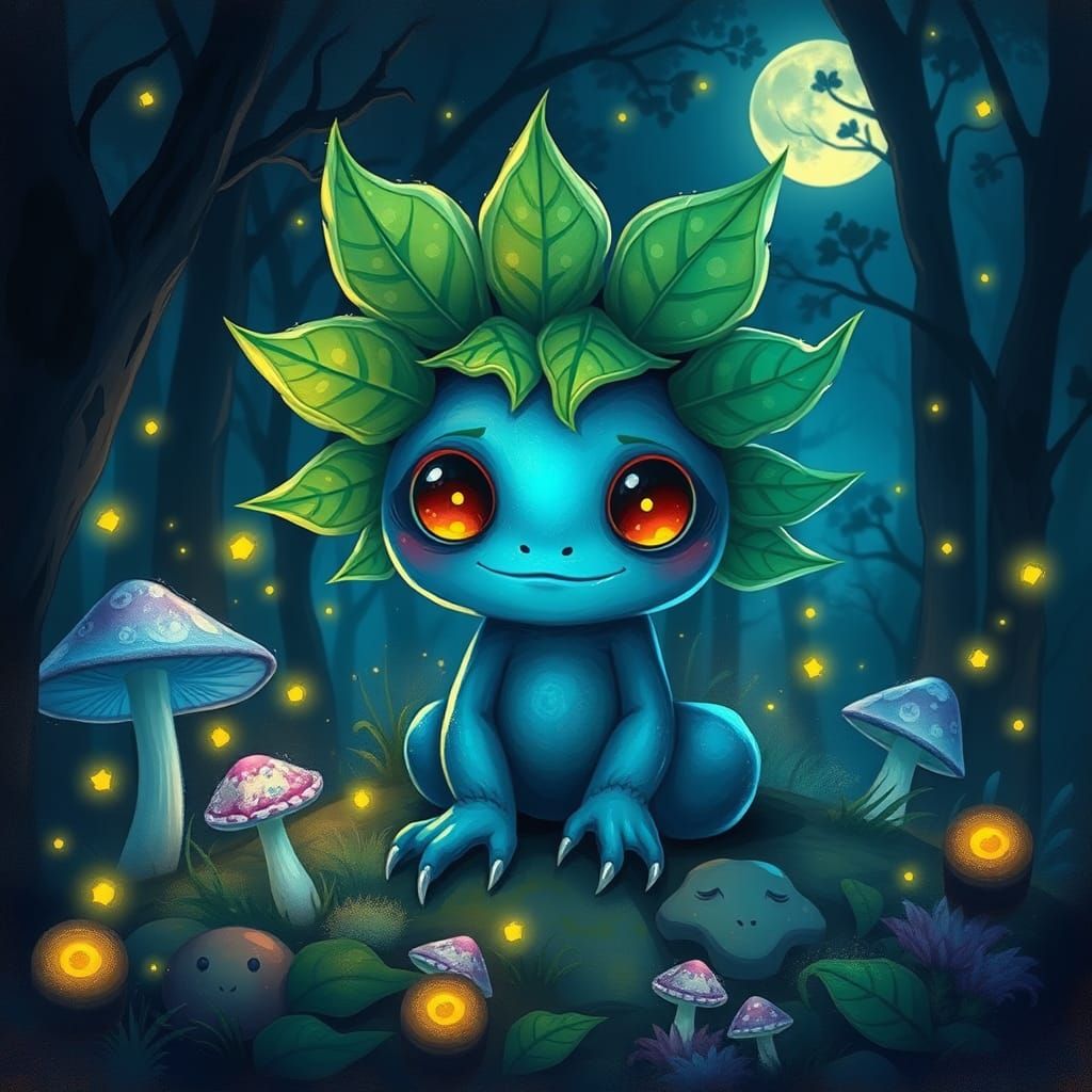 Dreamlike Indigo Berry Monster in a Moonlit Forest