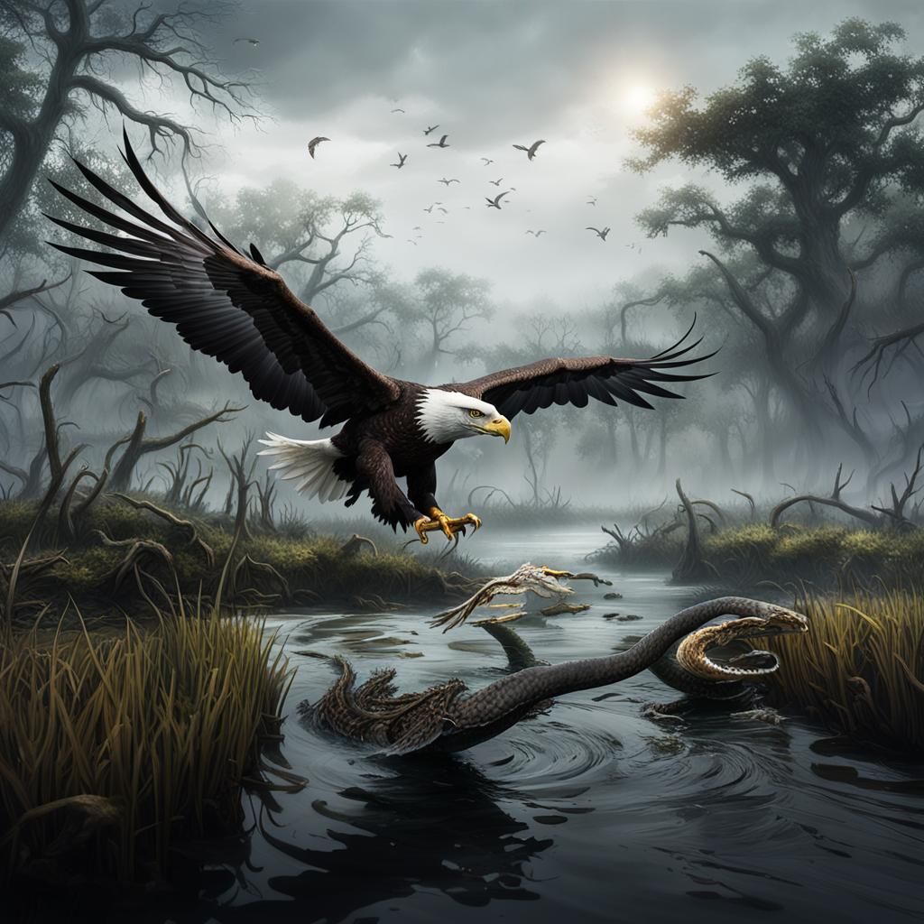 Eagle Attacks Eel in Foggy Swamp: Hyperrealistic Detail