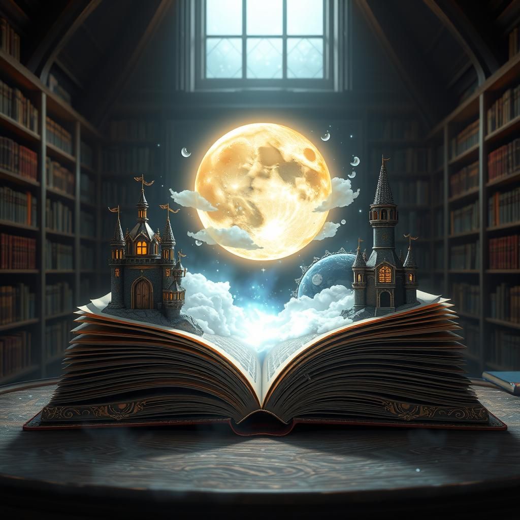 Enchanted Book with Mystical Castles and Moon