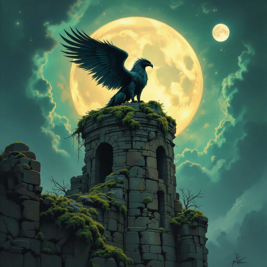Griffin Perched Atop Ancient Observatory in Fantasy Art