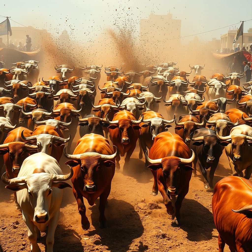 Majestic Wild Bulls in a Frenzied Stampede