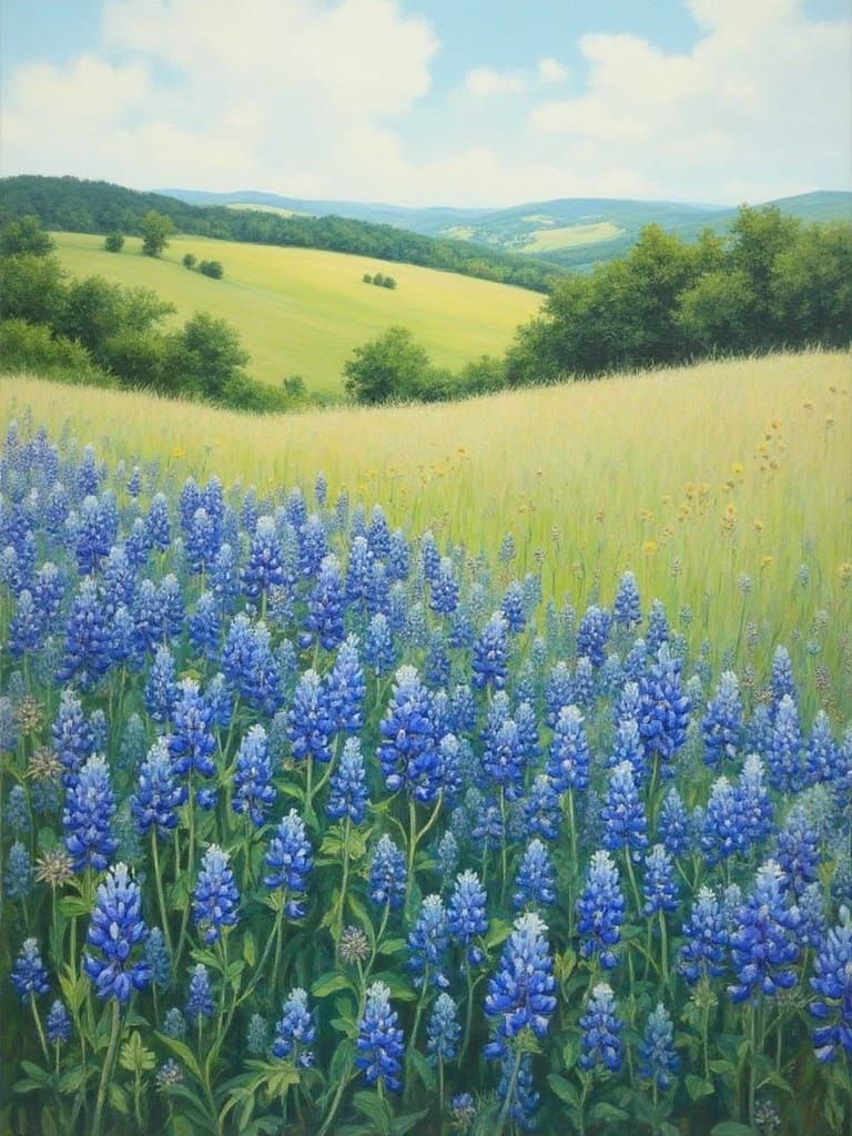 Serene Texas Bluebonnet Landscape in Impressionist Style