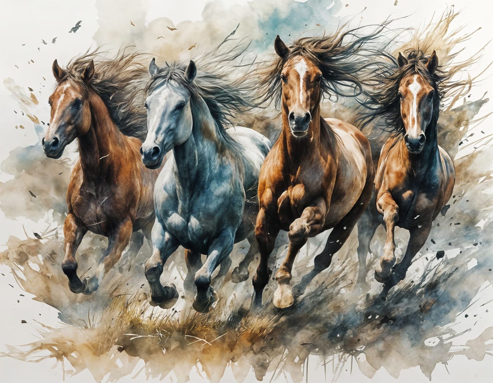 Wild Horses Galloping Across Plains: Watercolor Art