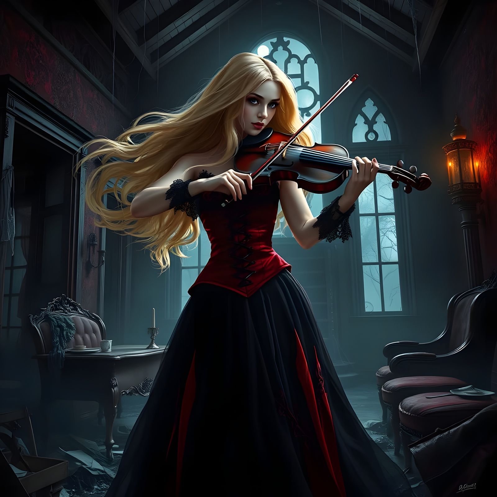 Young Witch Plays Violin in Haunted House