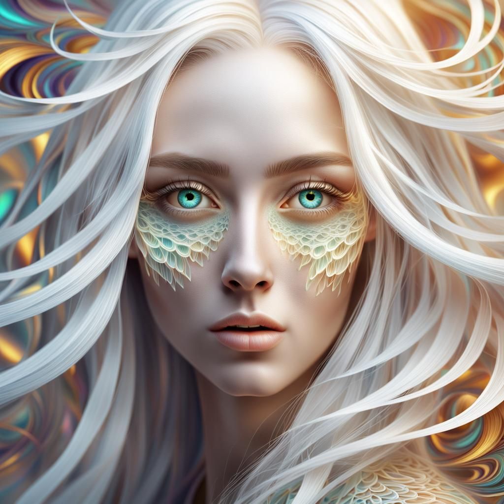 Iridescent Girl Portrait with Abstract Fractal Patterns