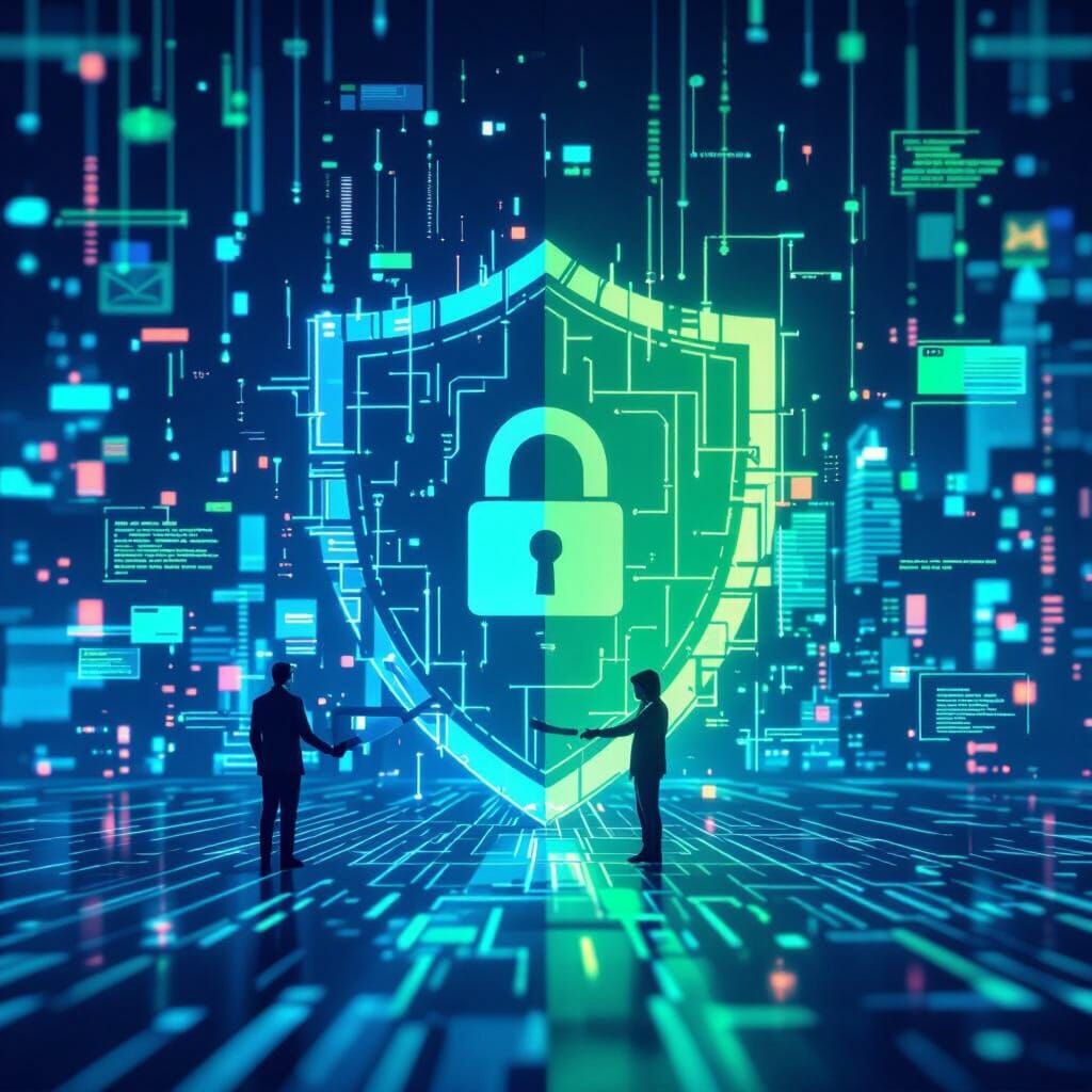 Shadowy Official and Hacker in High-Contrast Digital Art