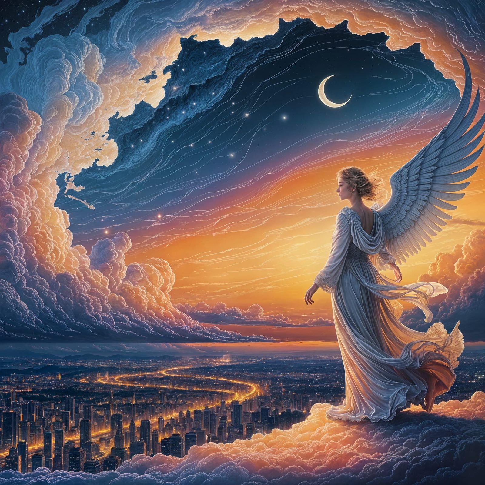 Angelic City at Twilight: Art Nouveau Digital Art