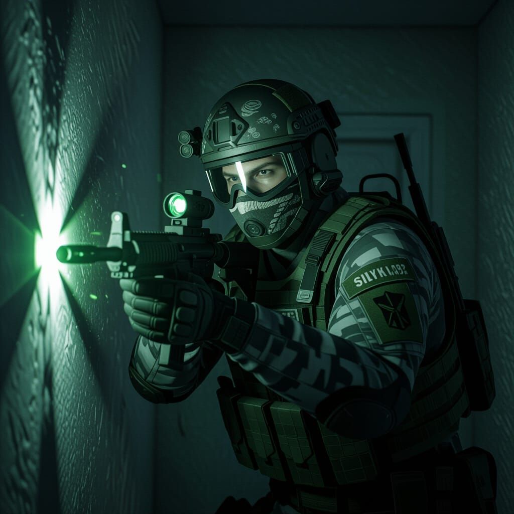 Tactical Operator with Helmet and Faceshield in Dark Room