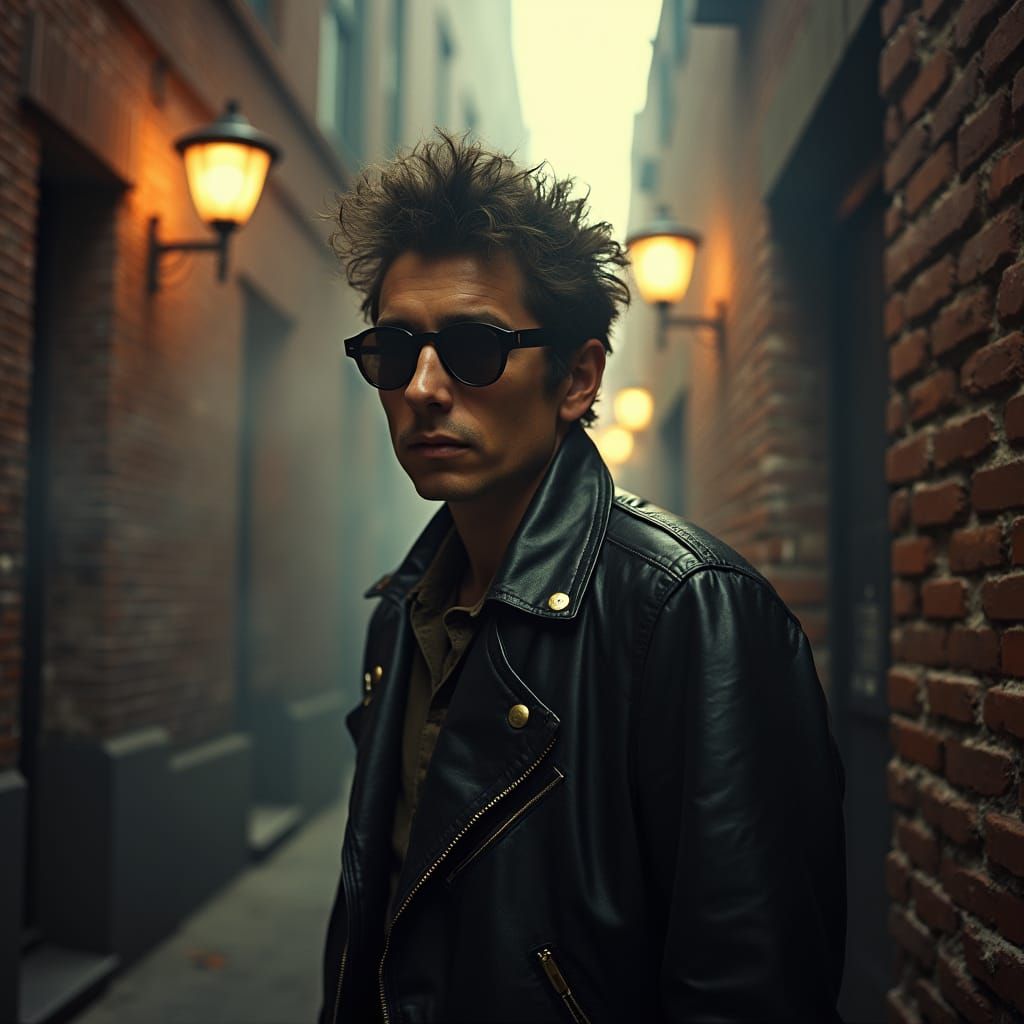 Man in Leather Jacket in Foggy Alleyway