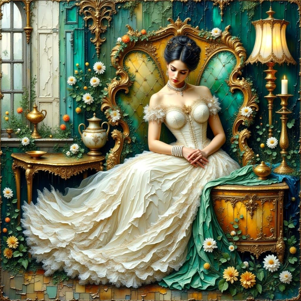 Modern Woman in Grandma's Dress: Impasto Oil Painting