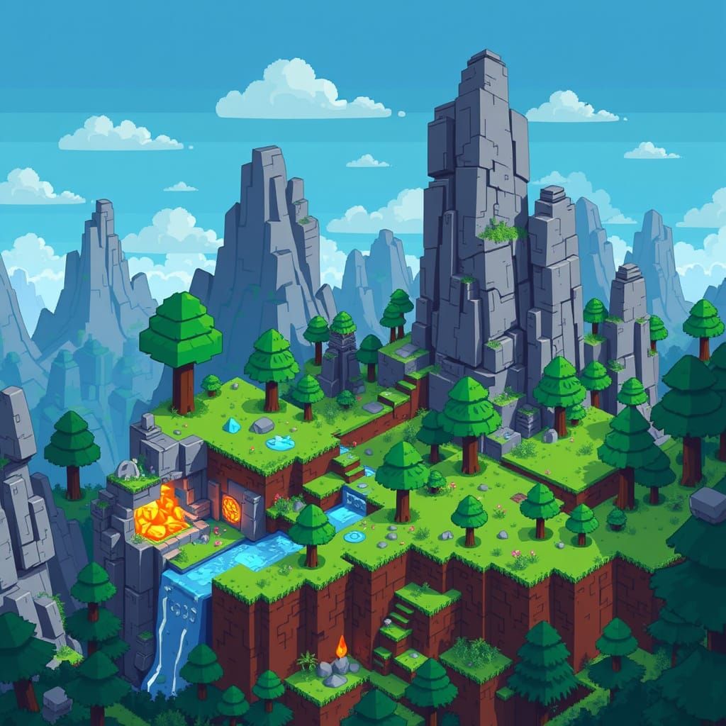 Blocky Pixelated Fantasy Landscape in 8-Bit Style