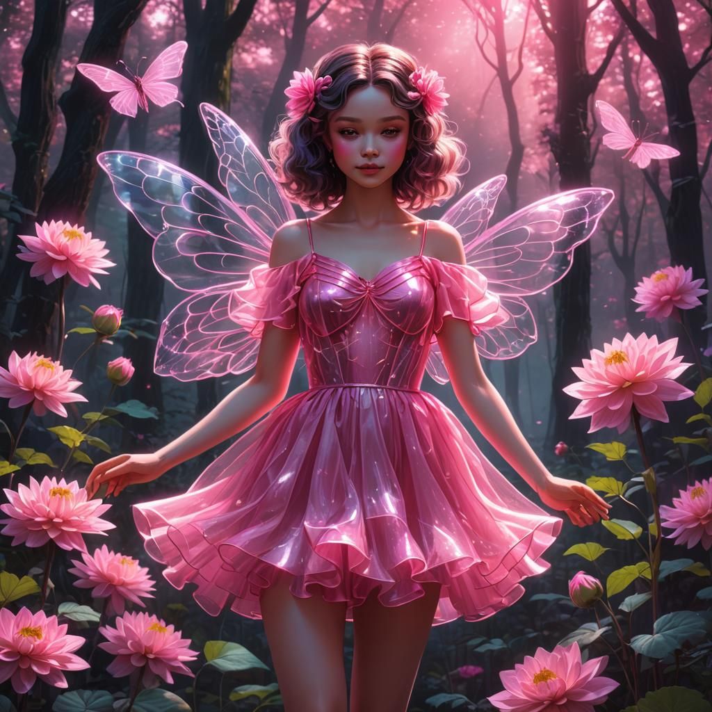 Dahlia Fairy with Neon Wings in Synthwave Style
