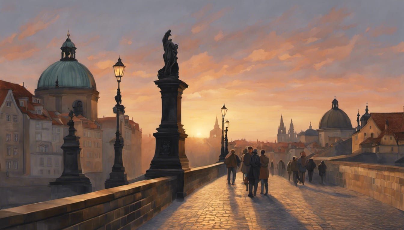 Charles Bridge Sunset: Hyperrealistic Detailed View