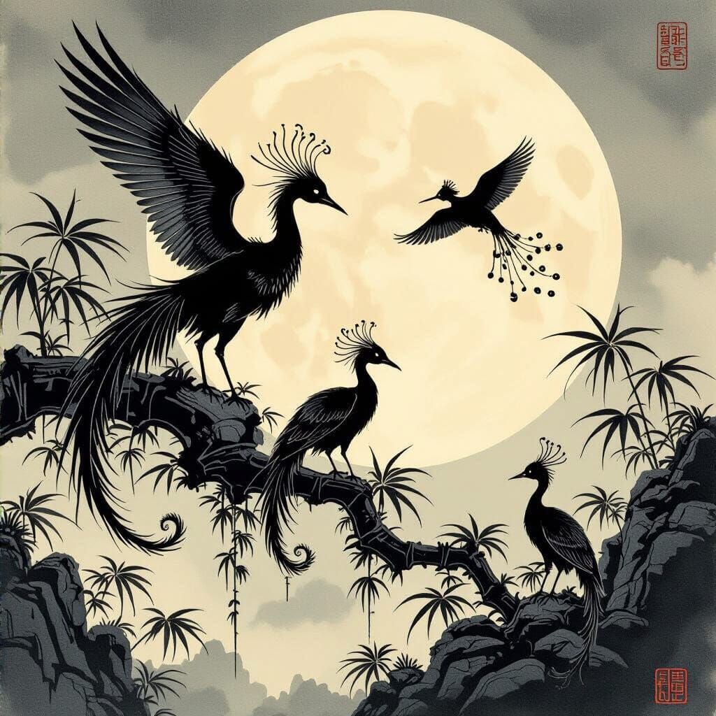 Japanese Ink Dragons and Birds on Parchment