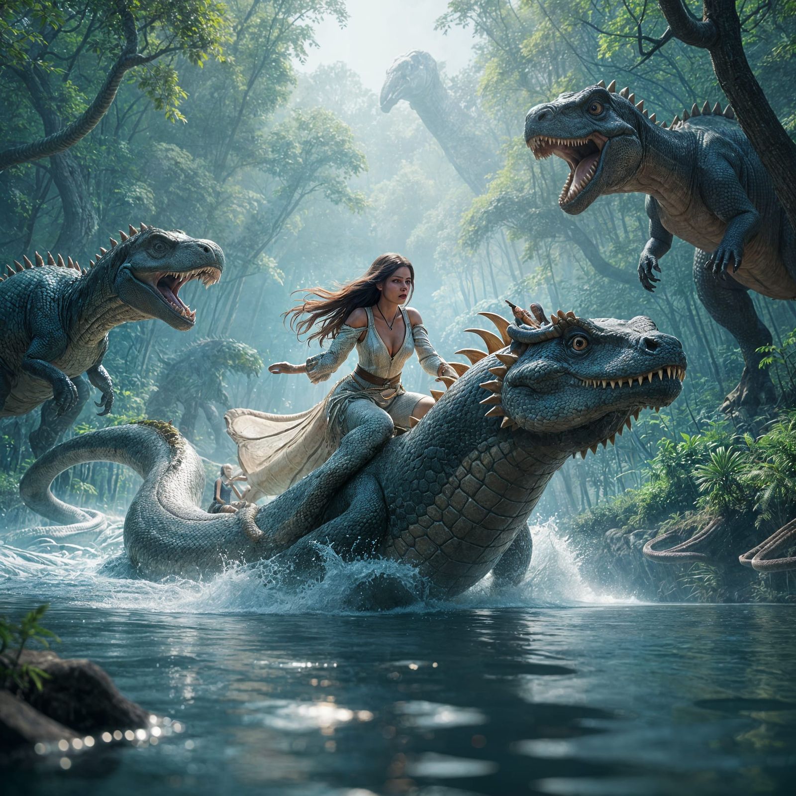 Girl Escapes Dinosaurs on Giant Snake: 3D Game Cinematic