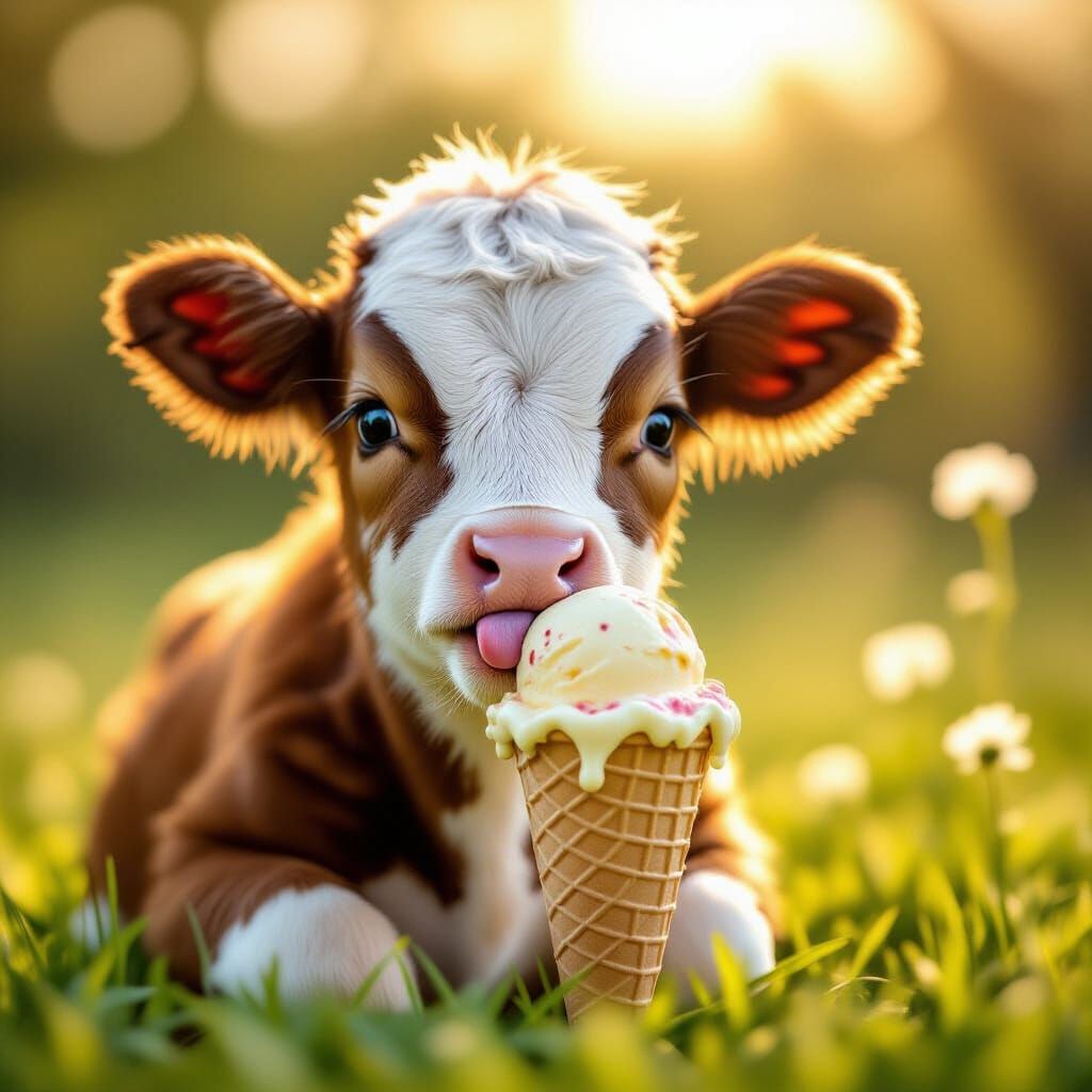 Cute Calf Licking Melting Ice Cream on Sunny Day