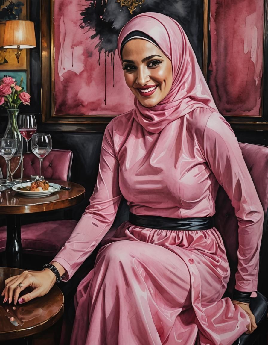 Watercolor Portrait of Smiling Woman in Pink Dress