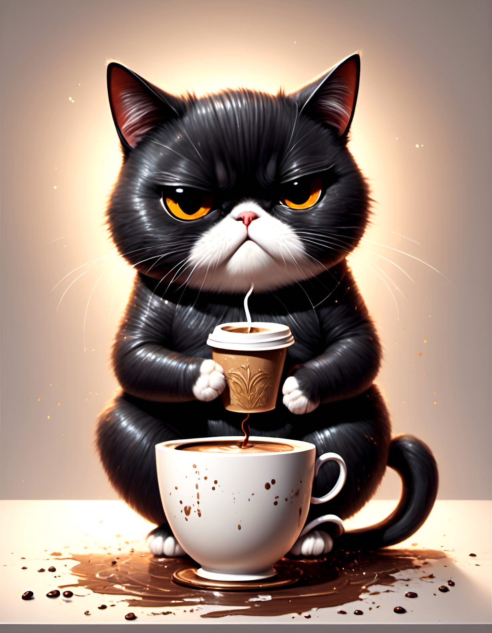 Grumpy Cat Sipping Coffee: Simple White Background Drawing