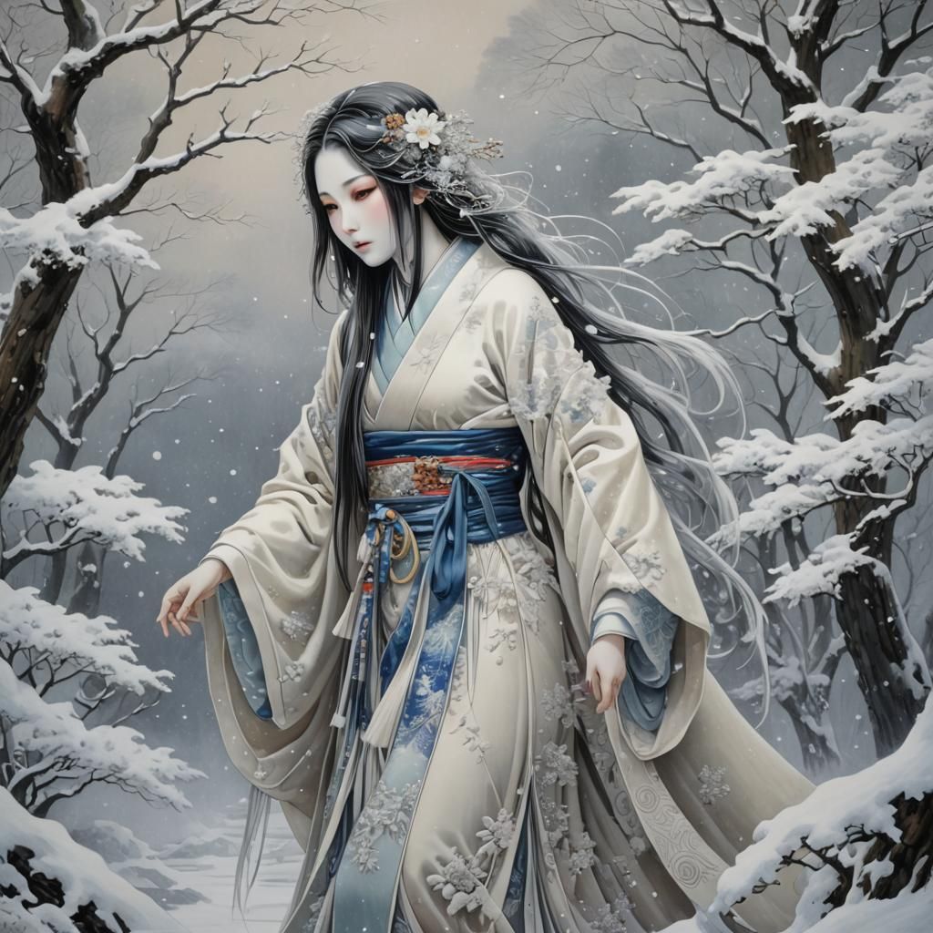 Ethereal Japanese Yuki-Onna Snow Woman Art