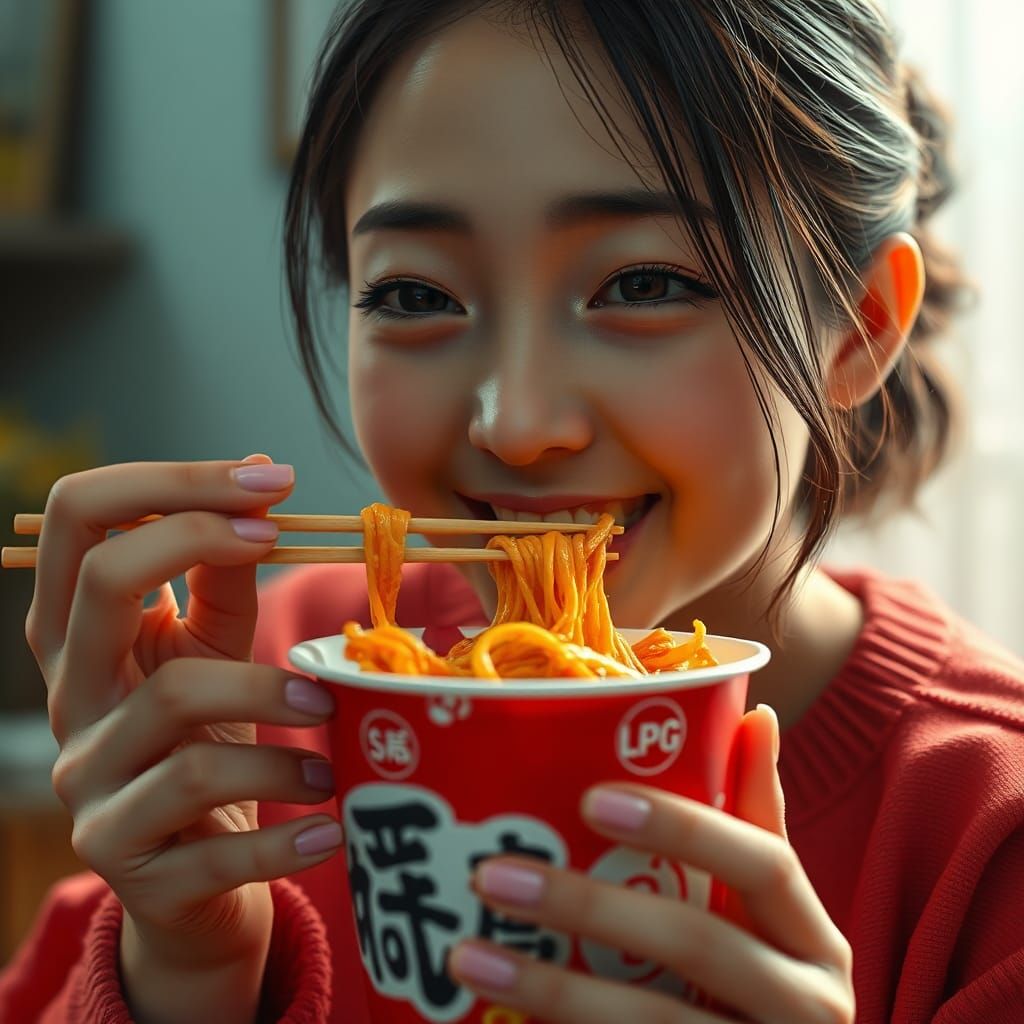 Japanese Girl Eats Spicy Noodles, Detailed Matte Painting