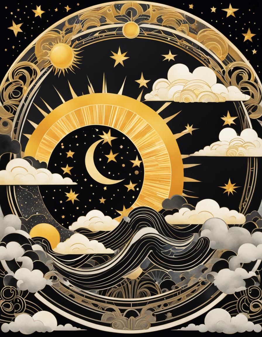 Golden Sun and Moon in Art Deco Style