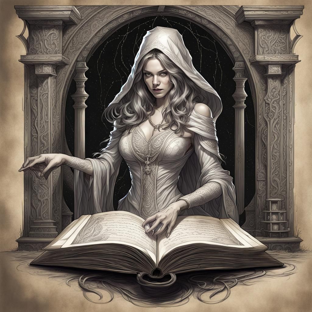 Sorceress Emerges from Spellbook: Dark Fantasy Art