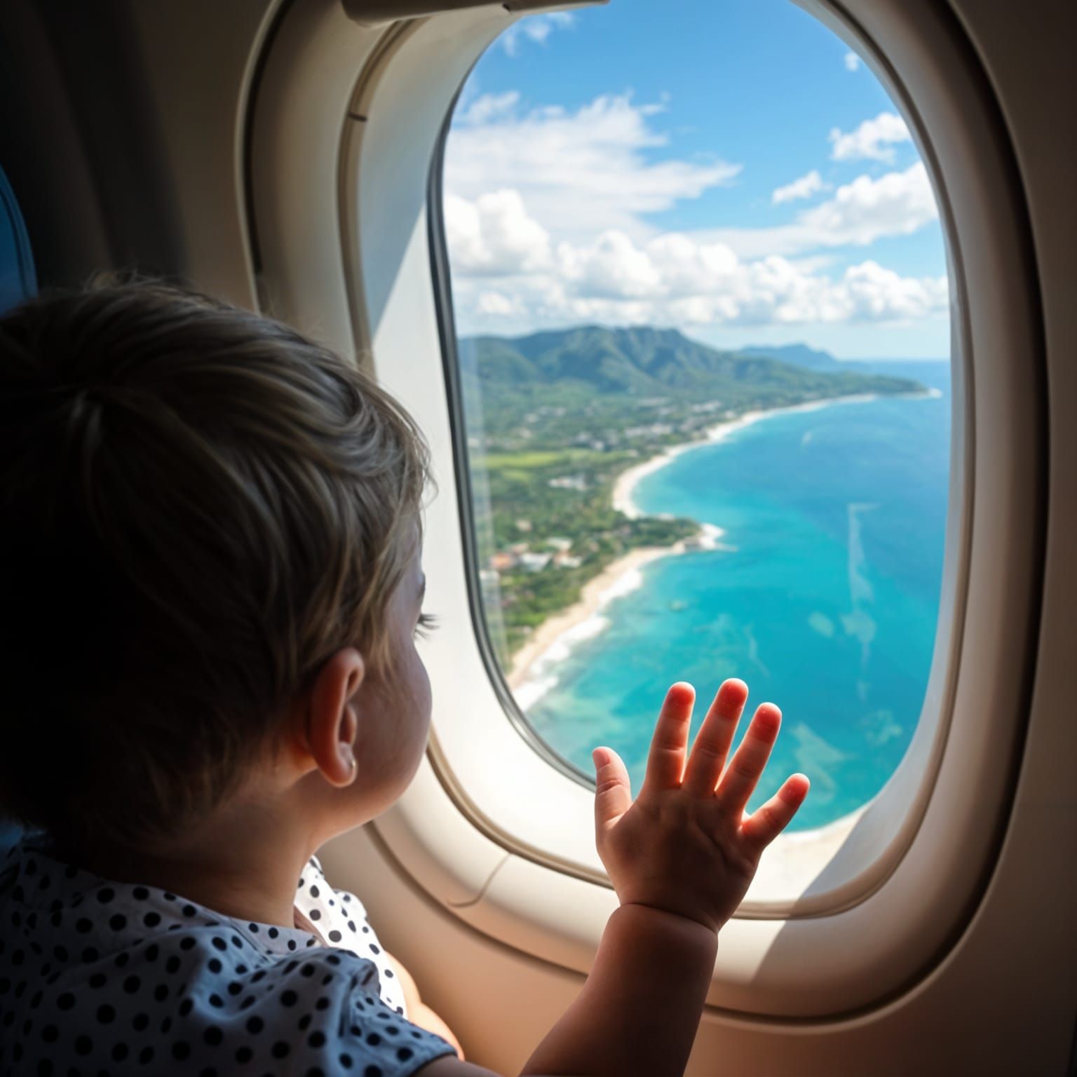 Child Gazes at Hawaiian Panorama From Airplane Window