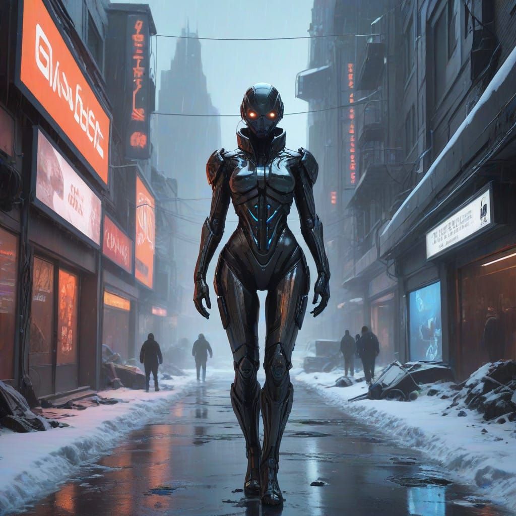 A lone, futuristic warrior in high-tech armor navigates thro...