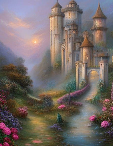 Dreamy Castle with Rose Garden: Oil Painting