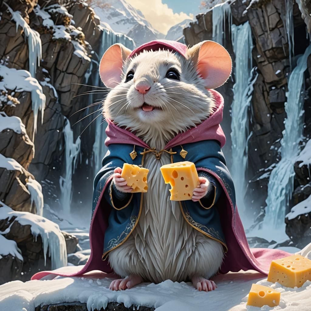 Mouse Enjoys Cheese Under Frozen Waterfall