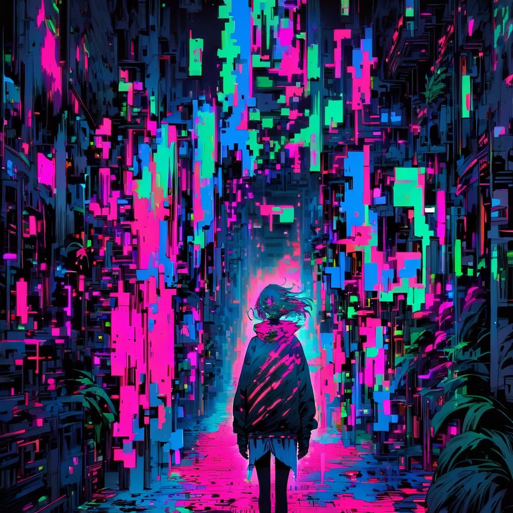 Girl in a Dreamlike Setting of Glitchy Code
