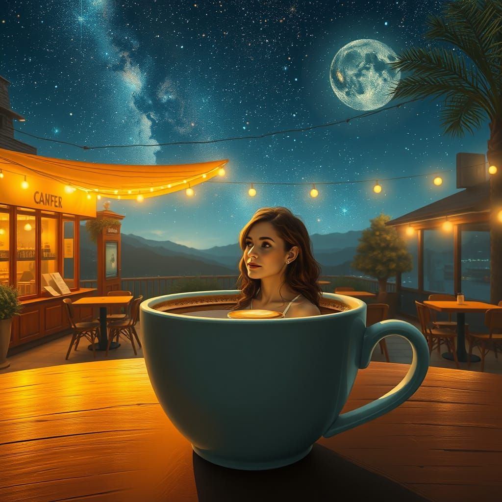Woman in Coffee Cup Cafe Under Starry Night