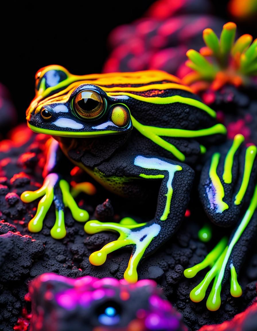 Fluorescent Treefrog on Lava Rock, Giger Style