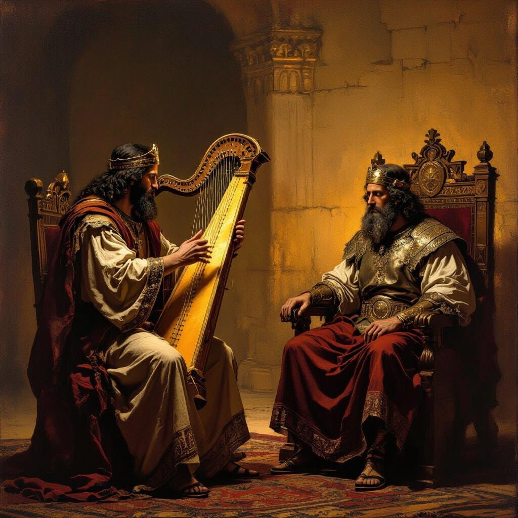 David Plays Harp for King Saul in Rembrandt Style