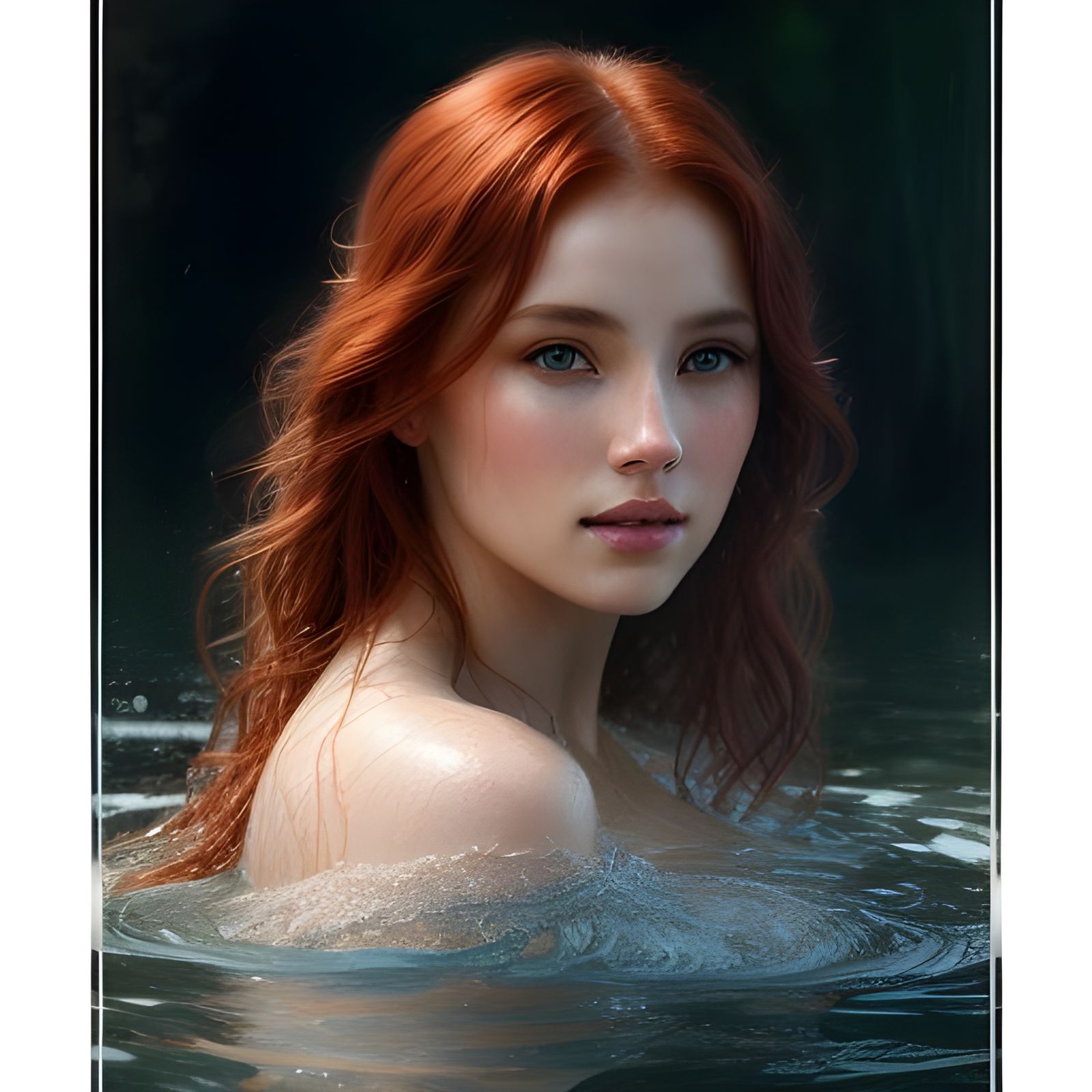 Redhead Woman in Water with Glistening Skin