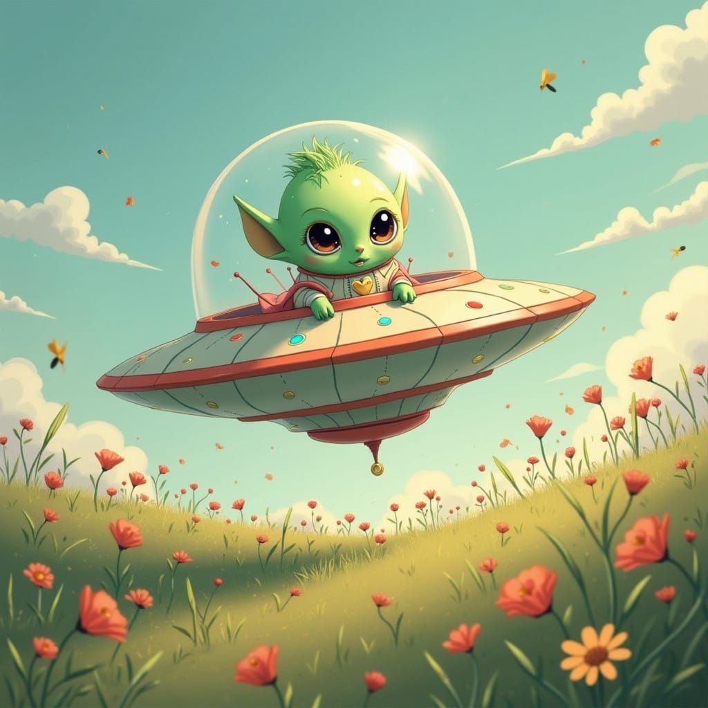 Whimsical Retro-Futuristic UFO with Adorable Alien