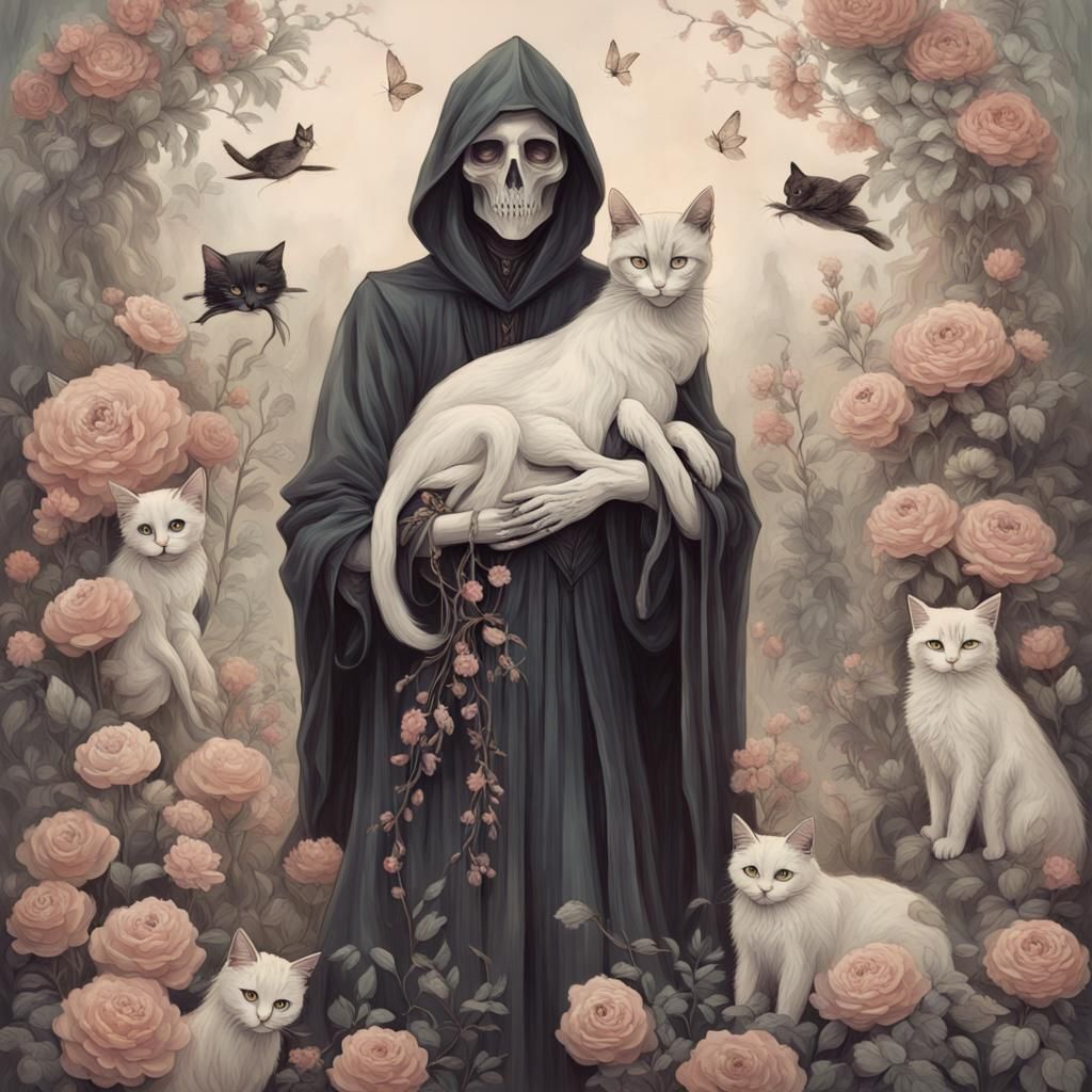 Ethereal Grim Reaper Portrait with Kittens