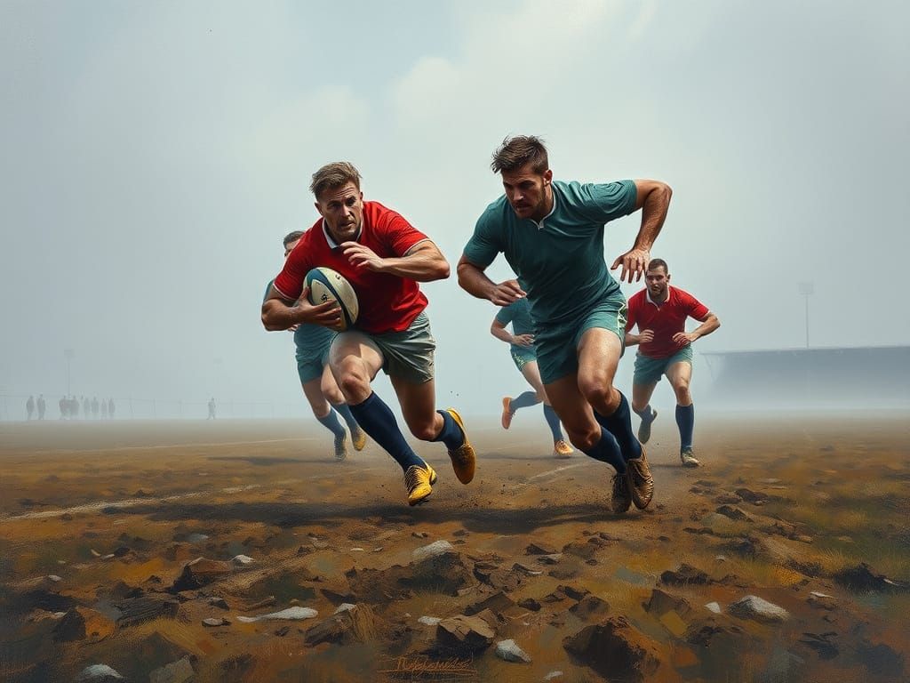 Rugged Rugby League Action on Muddy Field