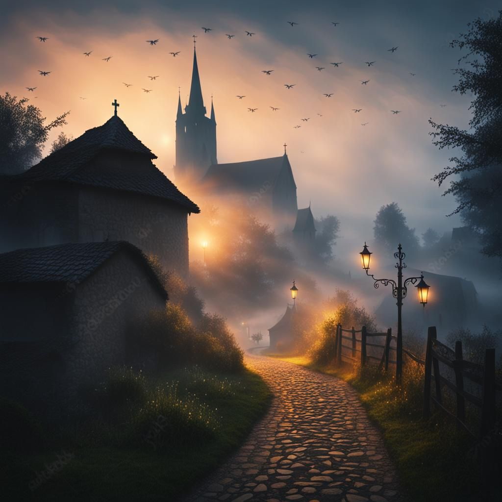 Mysterious Medieval Village in Foggy Twilight