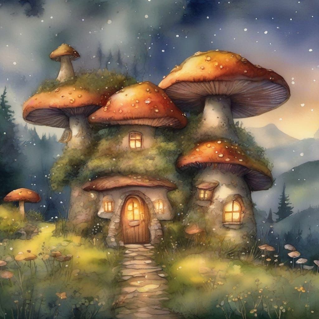 Whimsical Mushroom Cottage in Vibrant Watercolor Style
