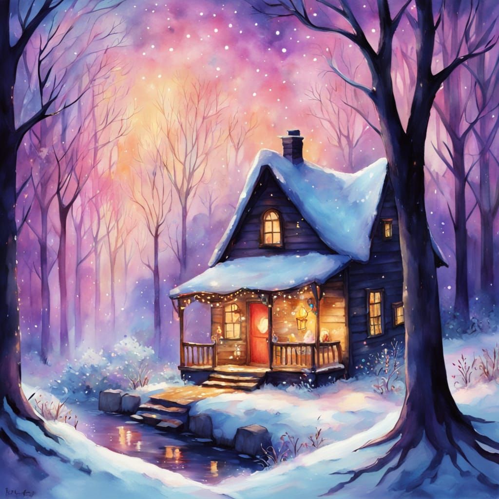 Enchanted Forest Cabin on Snowy Night