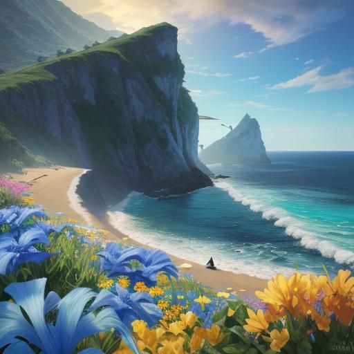 Woman Gazing at Sunny Beach in Art Nouveau Style