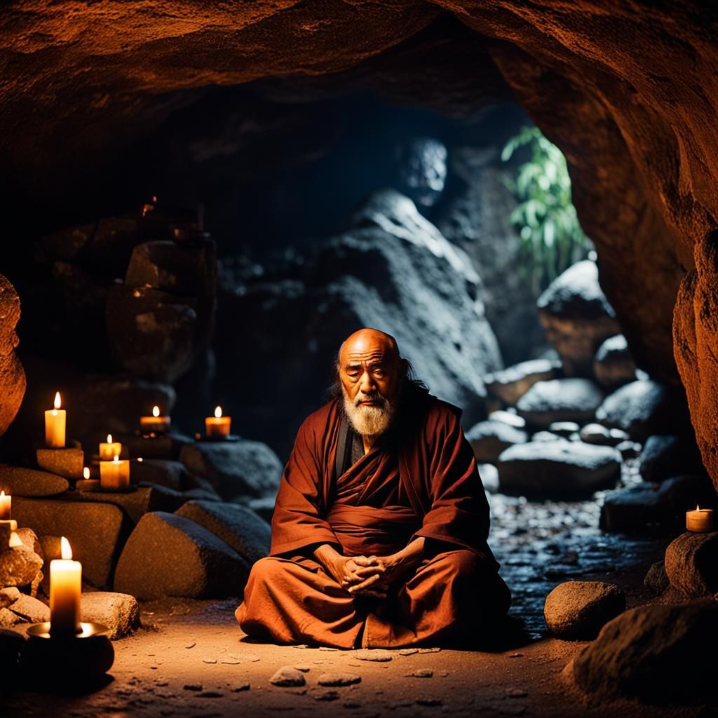 Bodhidharma Meditating in Dimly Lit Cave
