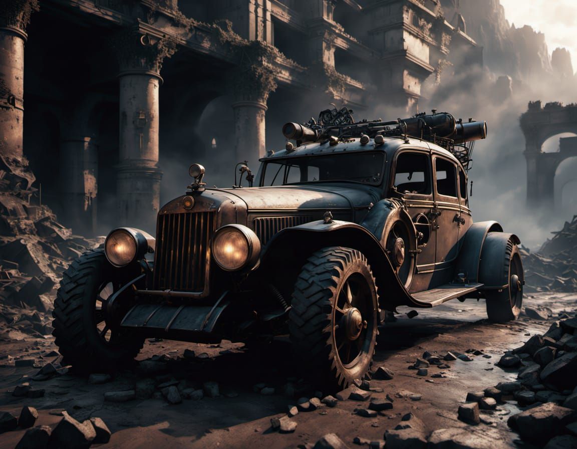 Post-Apocalyptic Steampunk Vehicle Wreck in Ancient Ruins