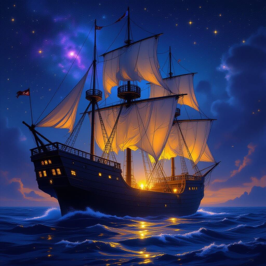 Ethereal Ghost Ship Navigating Mystical Ocean