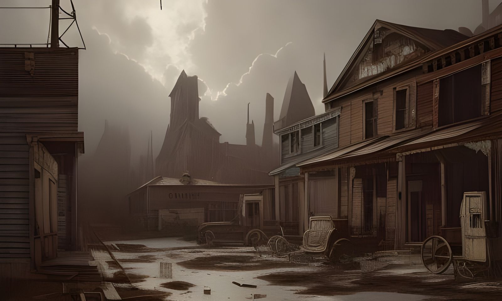 Eerie Ghost Town in the Old West in Horror Style