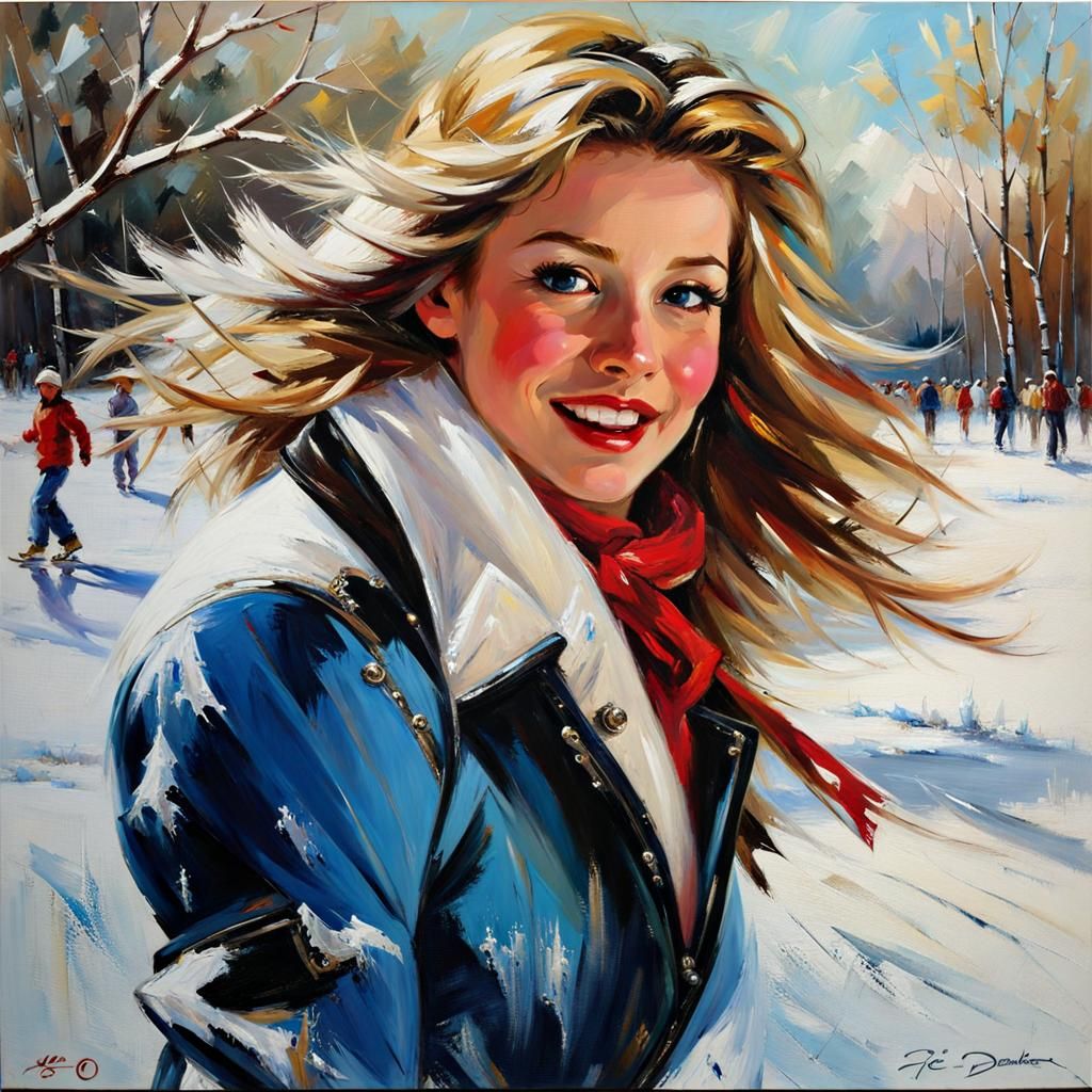 (Beautiful, lovely ice skater 1.1) ise skating outdoors,, wi...