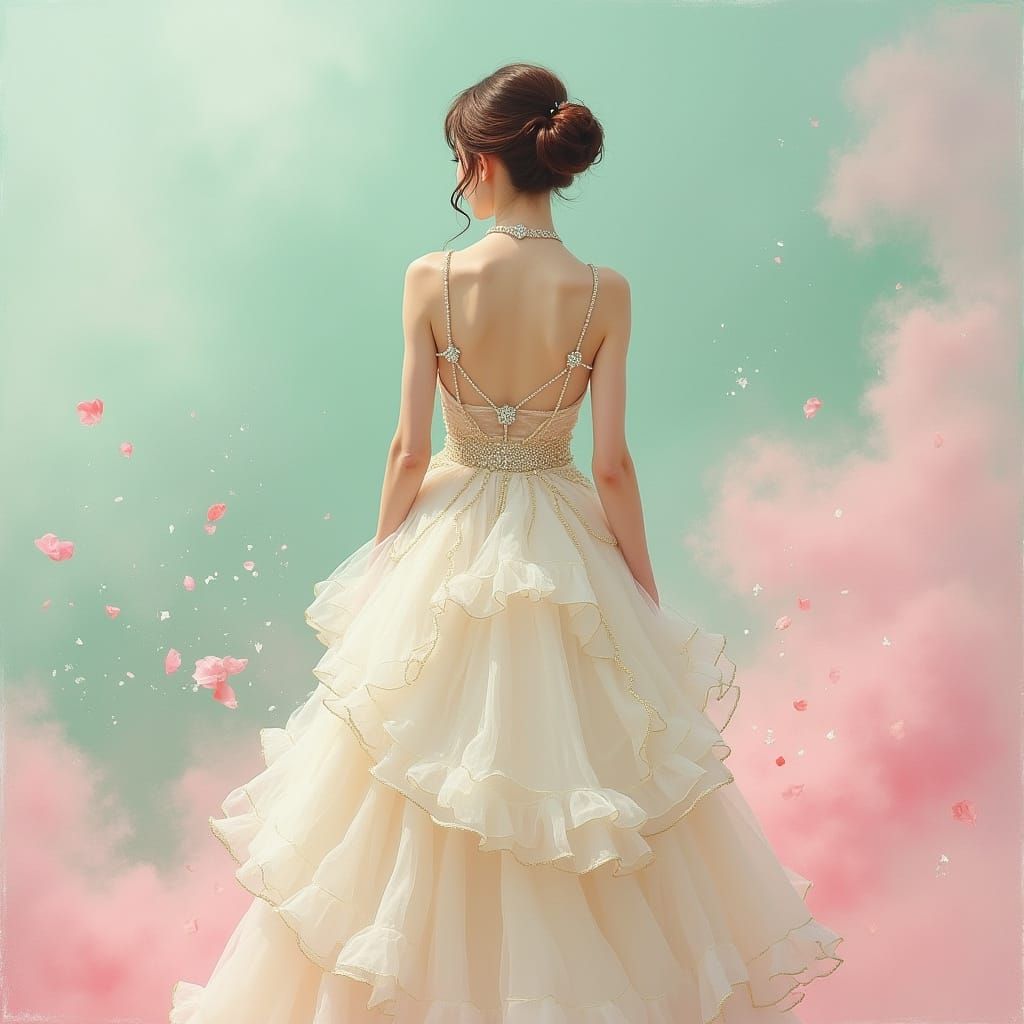 Elegant Ball Gown with Opal Necklace and Floral Smoke