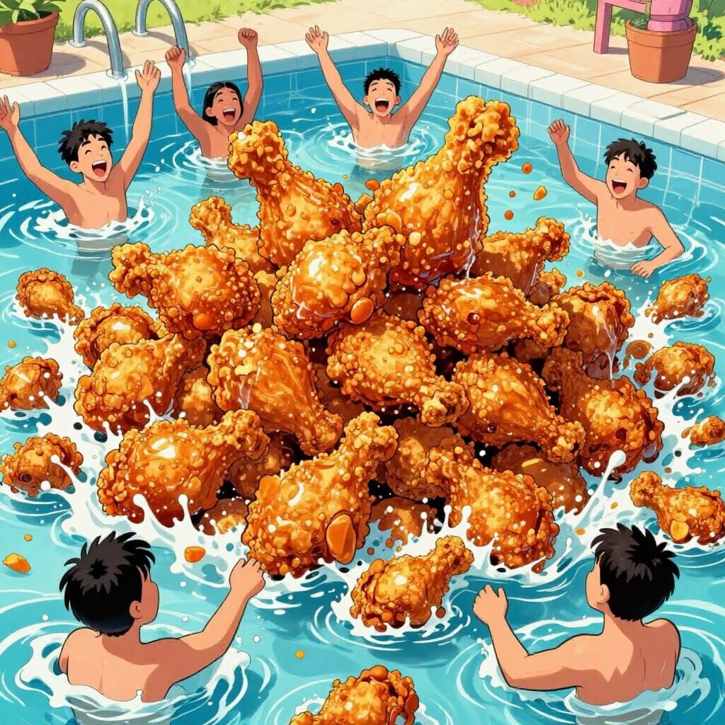Surreal Comic Art: People Dive in Pool of Fried Chicken